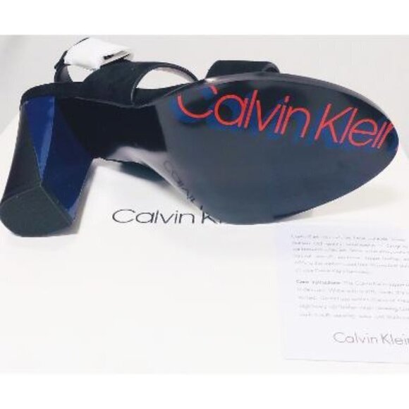 Calvin Klein Womens Black Suede Leather Block Heeled Open Toe Sandals Sz 8.5 New - Picture 4 of 12